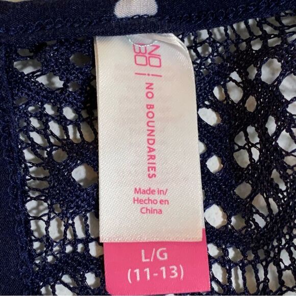NO BOUNDARIES Sundress Juniors L 11/13 Navy Blue White Polka Dot Lace Mini. - Picture 6 of 8